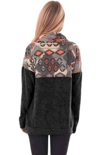 Black Tribal Cowl Neck Kangaroo Pocket Sweatshirt
