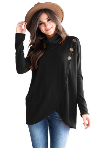 Black Button Cowl Neck Overlap Tunic Top