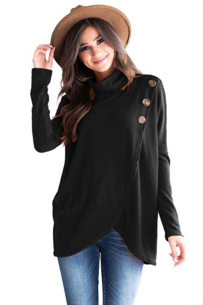 Black Button Cowl Neck Overlap Tunic Top