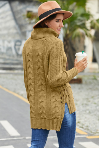 Khaki Turtle Neck Long Tail Cable Sweater