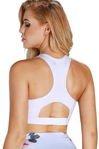 White Scoop Neck Hollow-out Back Sport Bra Top