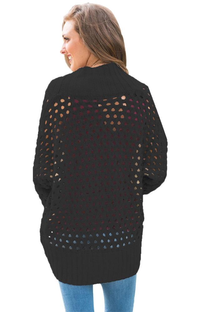 Black Hollow Out Knit Long Sleeves Cardigan