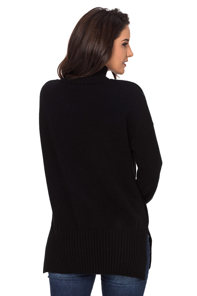 Black Turn-up Sleeve Turtle Neck Sweater