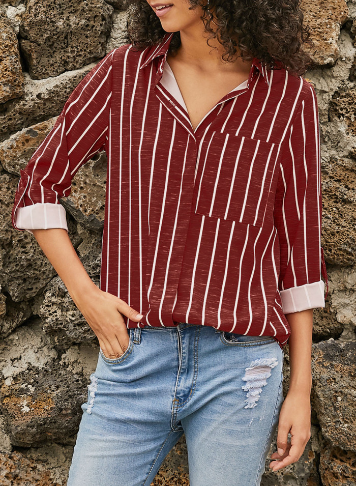 Burgundy Striped Roll Tab Sleeve Button Shirt