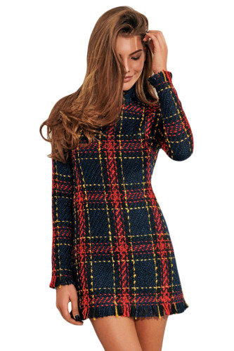 Long Sleeve Tassels Bodycon Mini Tweed Dress