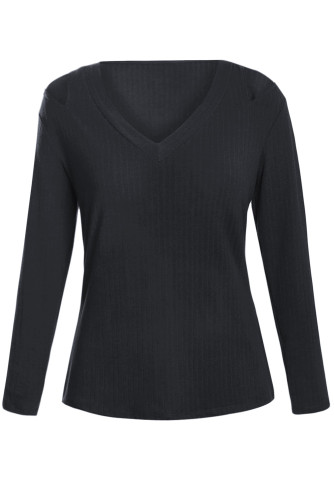 Black Ribbed V Neck Cold Shoulder Top