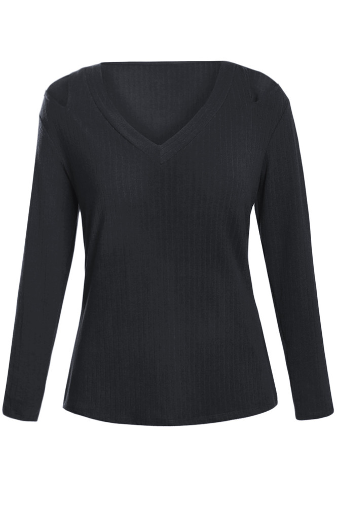 Black Ribbed V Neck Cold Shoulder Top