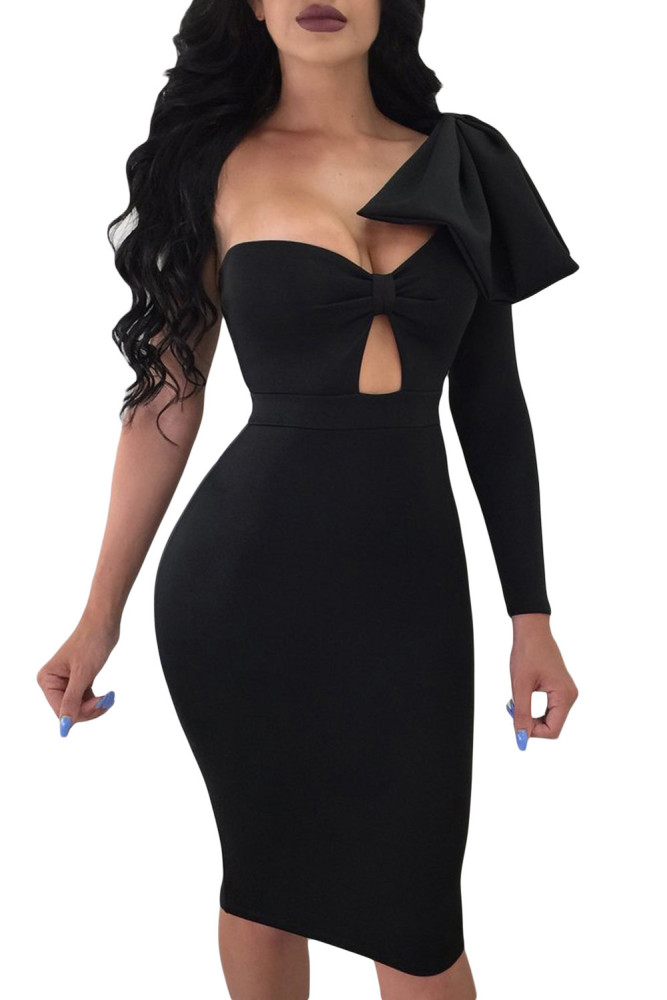 Black Big Bow On Shoulder Bodycon Nightclub Dress