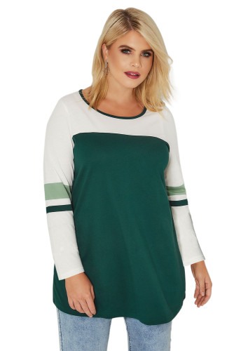 Green White Color Block Long Sleeve Plus Size Top
