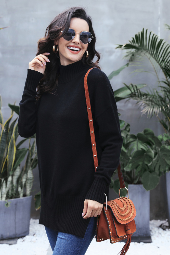 Black Turn-up Sleeve Turtle Neck Sweater