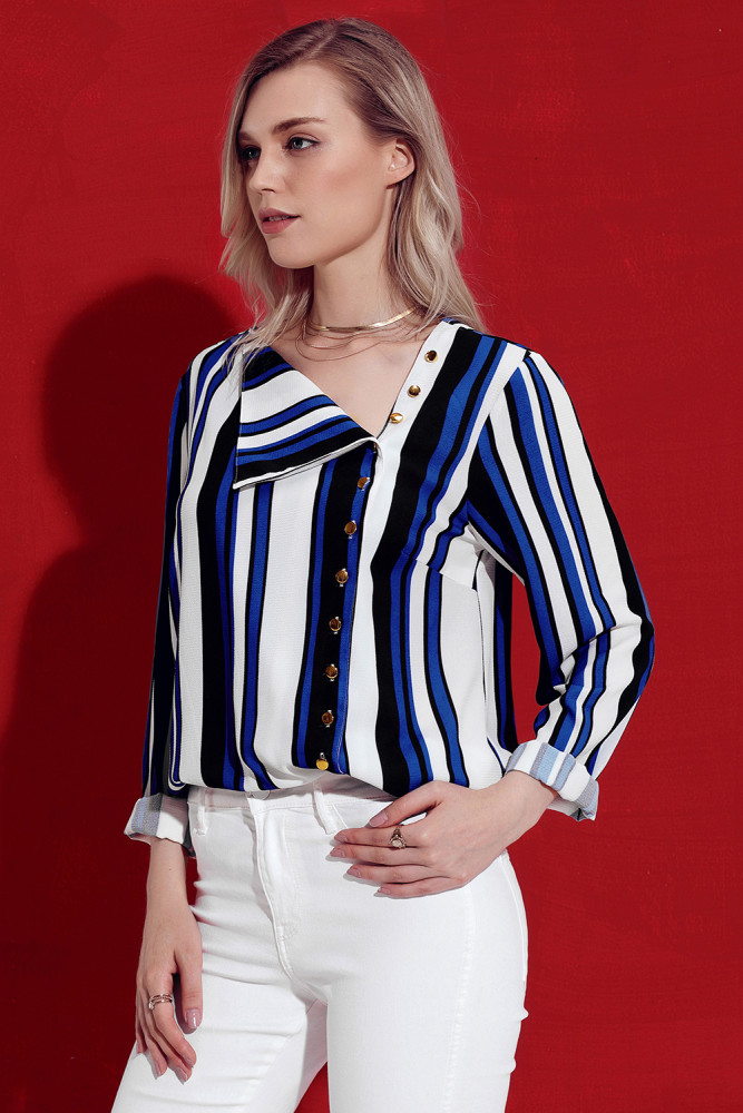 Blue White Black Striped Asymmetric Button Down Shirt