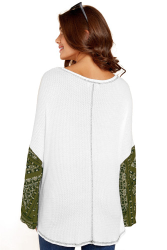 Green Print Bishop Sleeve White Knit Top