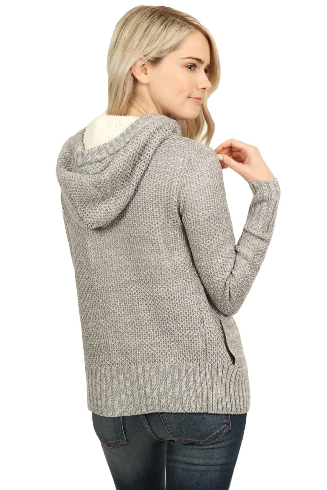 Fleece Hooded Gray Button Down Cardigan Sweater