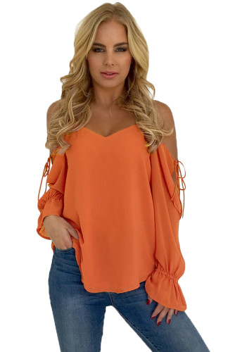 Orange Spaghetti Strap Cold Shoulder Long Sleeve Top