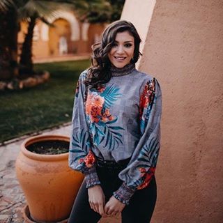 Gray Plaid Tropical Print Smocked Long Sleeve Blouse