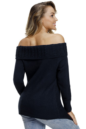 Navy Asymmetric Hemline Off Shoulder Sweater