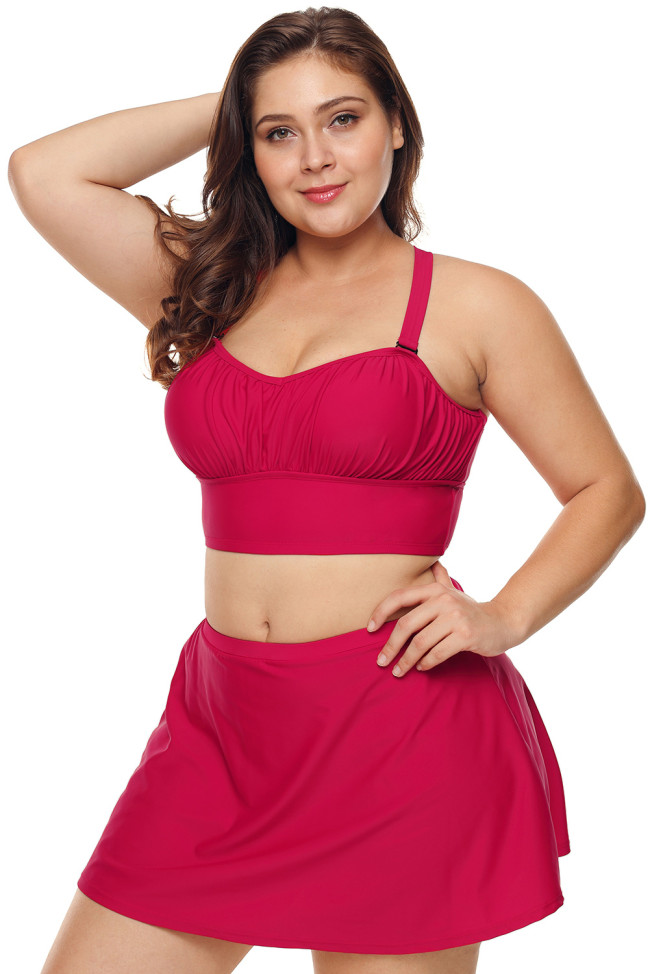 Red Wireless Plus Size Bikini Top and Swim Skirt Set