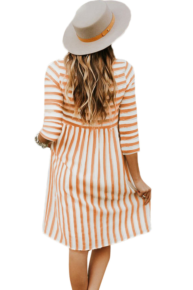 Light Orange Striped Casual Midi Shirt Dress