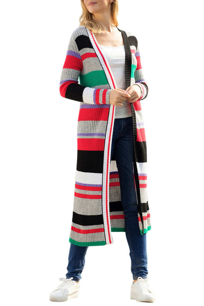 Colorful Striped Open Front Long Cardigan