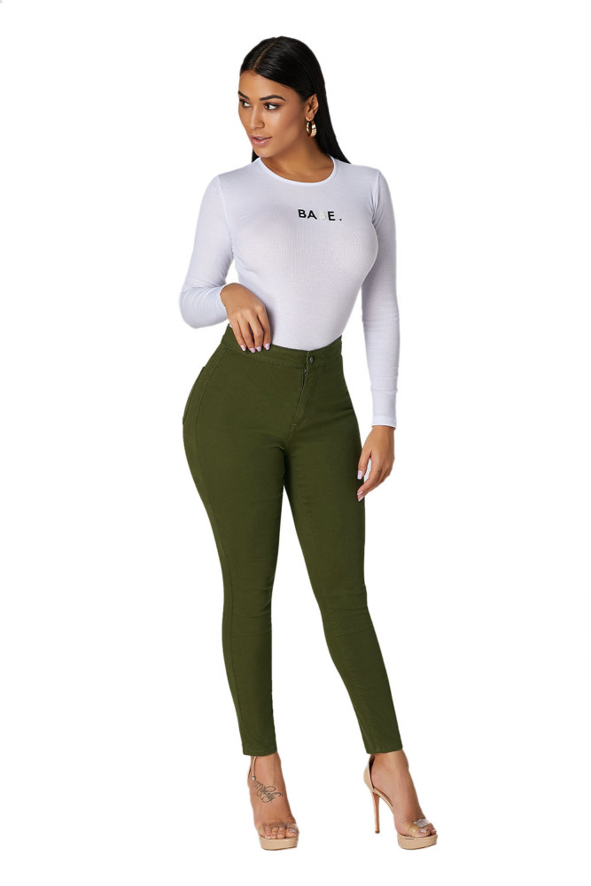 Olive High Waisted Skinny Jeans with Round Pockets