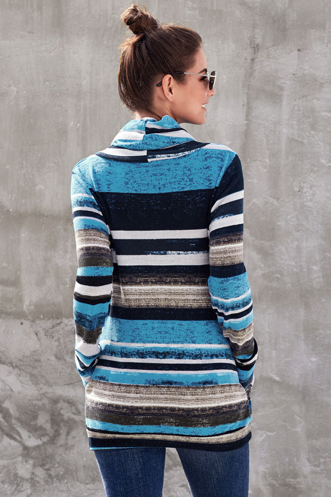 Blue Multicolor Cowl Neck Striped Long Sleeve Sweatshirt