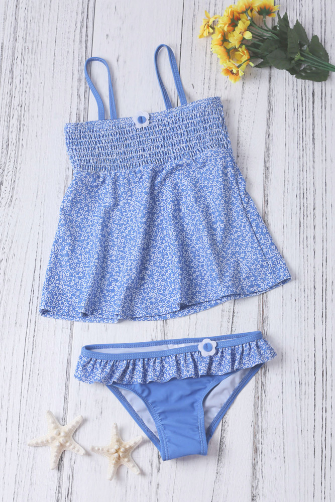 Blue Printed Kid Girls Tankini Swimwear
