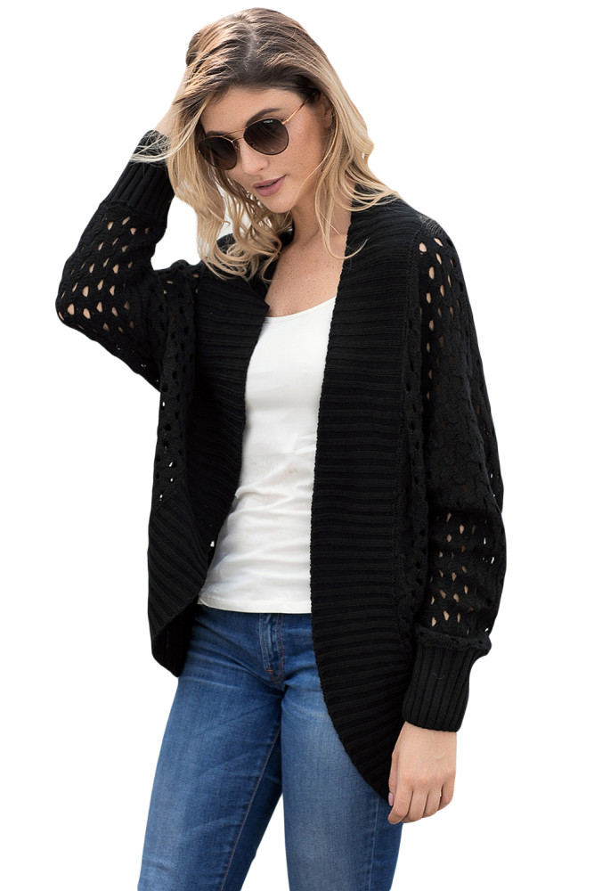 Black Hollow Out Knit Long Sleeves Cardigan