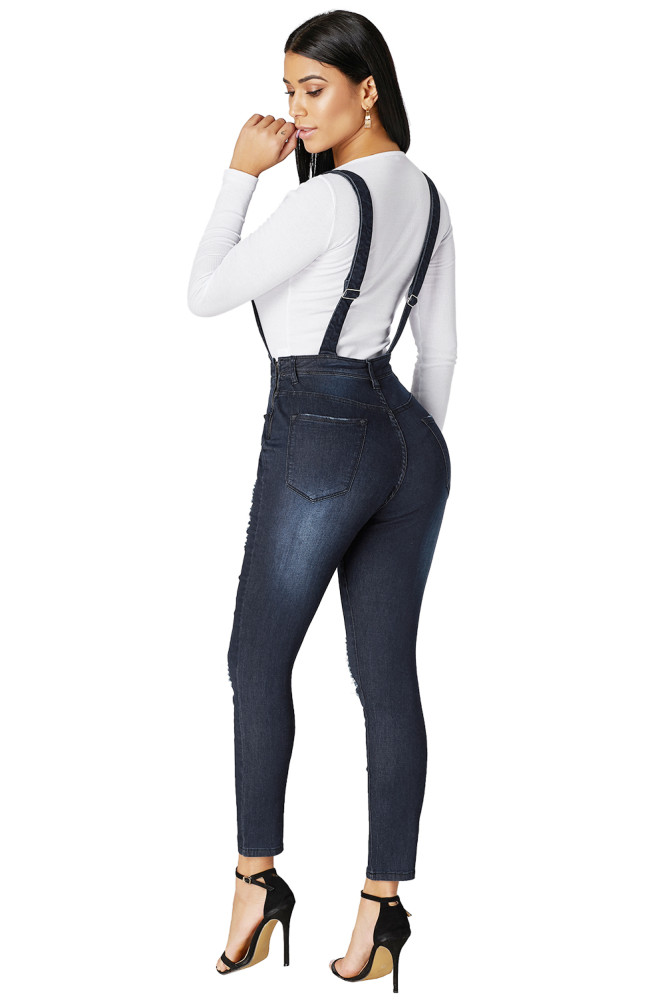Dark Blue Wash Distressed Jeans Overalls
