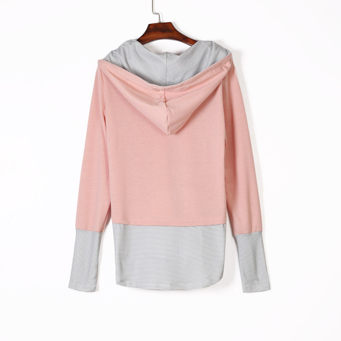 Pinstriped Patchwork Salmon Pink Thumbhole Sleeved Hoo