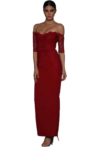 Red Sheer Lace Sleeve Off Shoulder Maxi Dress