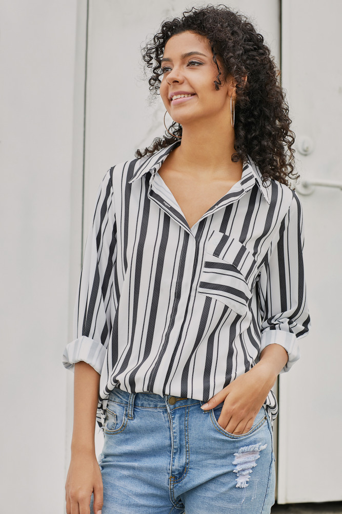 Black Striped Chest Pocket Button Down Shirt