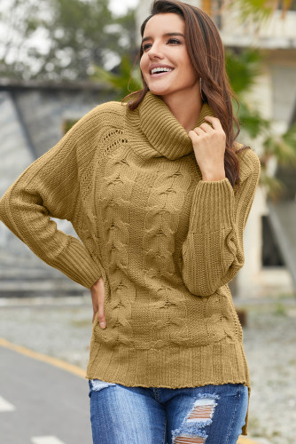 Khaki Turtle Neck Long Tail Cable Sweater