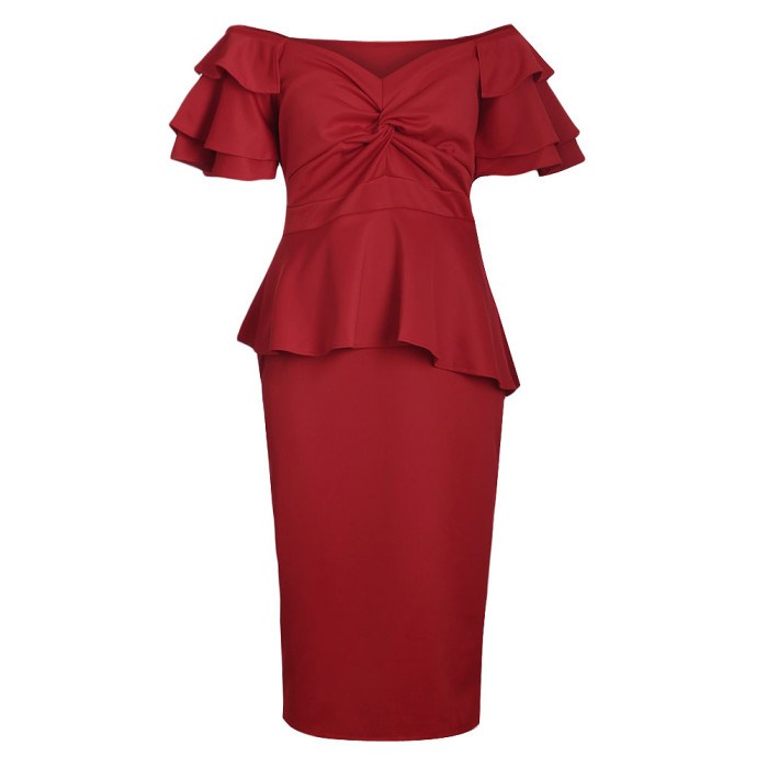 Burgundy Plus Size Tiered Sleeve Twisted Peplum Dress