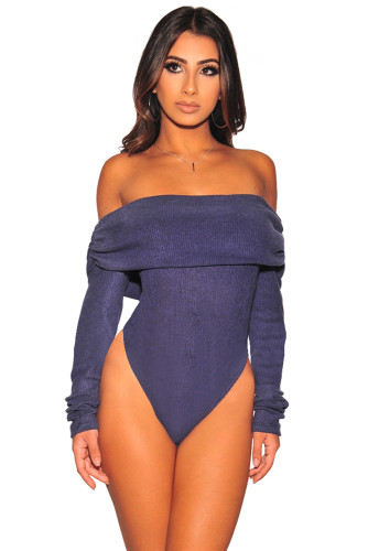 Blue Ribbed Knit Overlay Off Shoulder Bodysuit