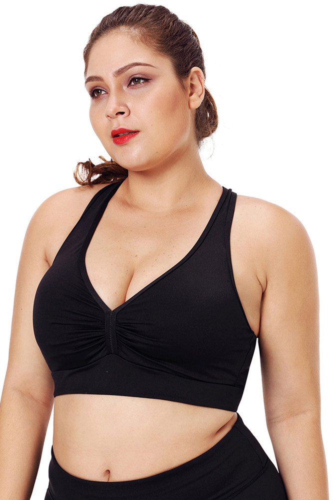 Black Plus Size Racerback Pleated Sport Bra