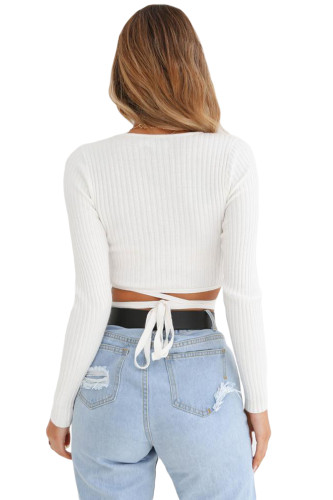 White Wrap V Neck Tie Waist Ribbed Crop Top