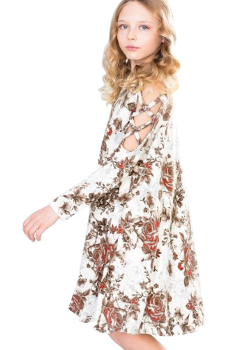 White Floral Crisscross Shoulder Kids Dress