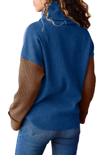 Blue Brown Color Patchwork Ribbed High Neck Sweater