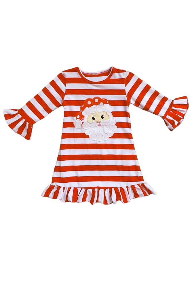 Girls Red Striped Santa Applique Ruffled Christmas Dress