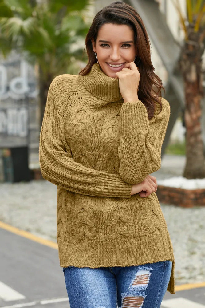 Khaki Turtle Neck Long Tail Cable Sweater