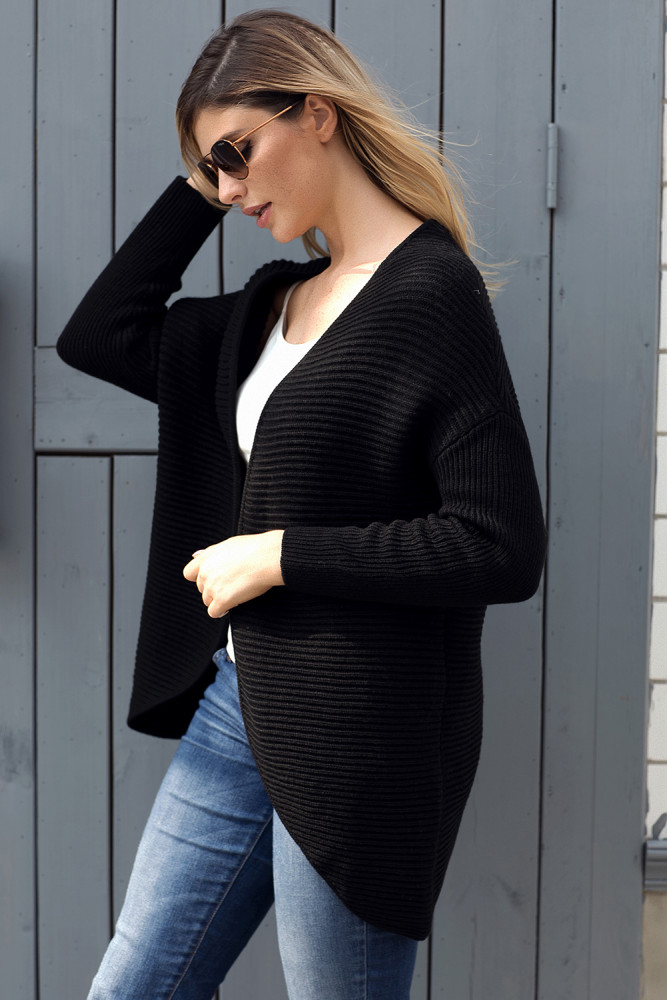 Black Ribbed Knit Lace Up Back Sweater Cardigan
