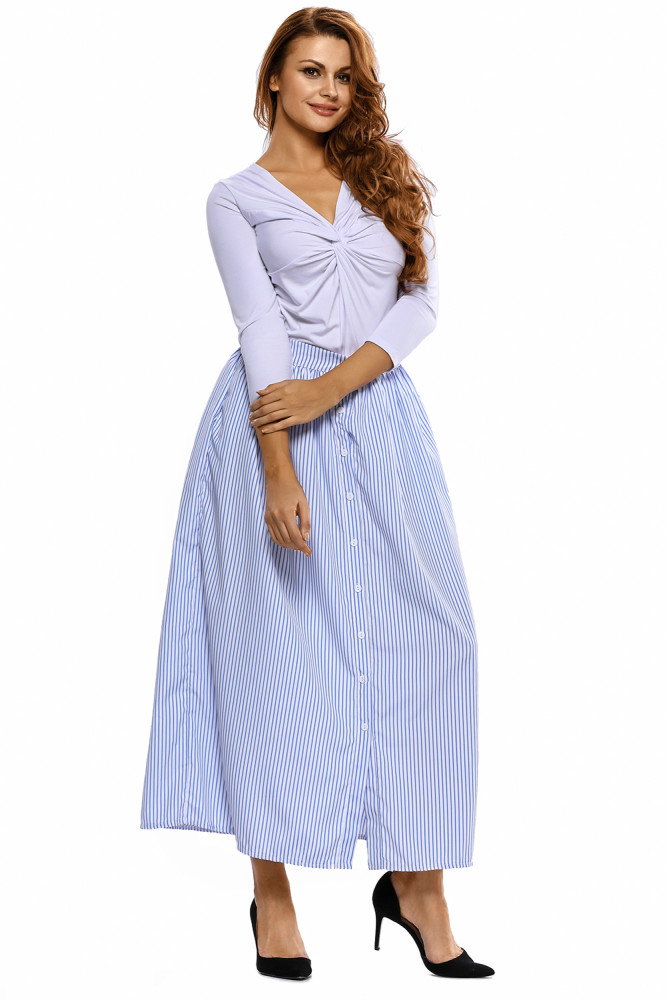 Blue White Stripes Button Front Maxi Skirt