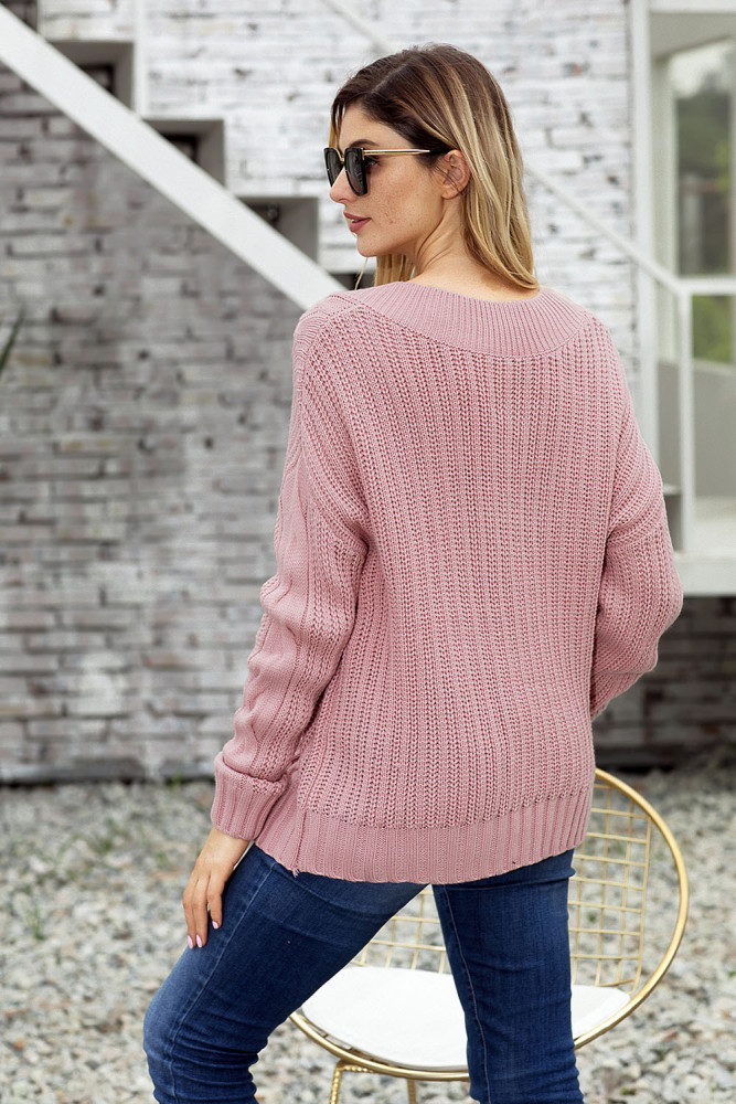 Pink Cable Knit V Neck Sweater