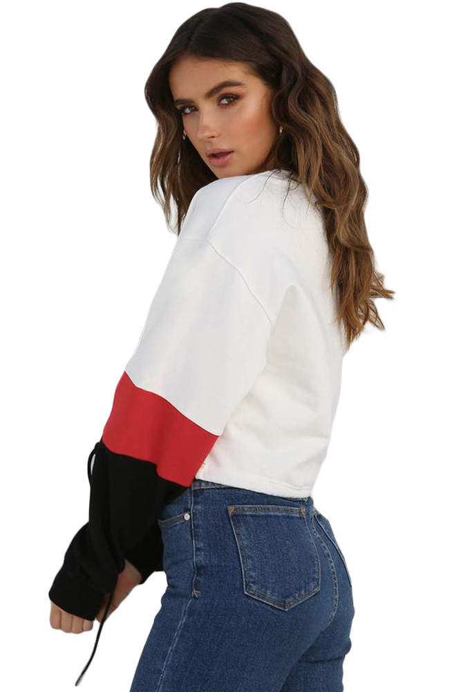Black White Drawstring Cropped Colorblock Sweatshirt
