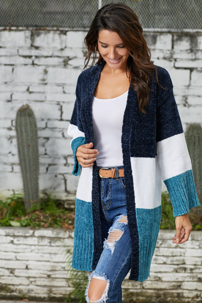 Blue White Colorblock Velvet Chenille Sweater Cardigan