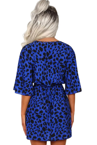 Blue Leopard Print Tie Waist Mini Dress