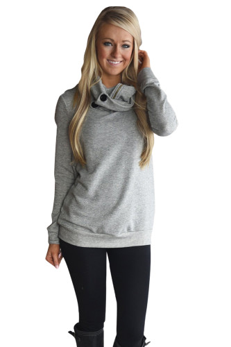 Gray Button and Zipped Cowl Neck Sweatshirt