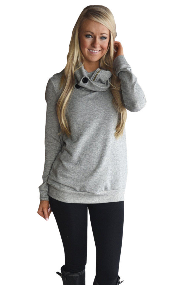 Gray Button and Zipped Cowl Neck Sweatshirt