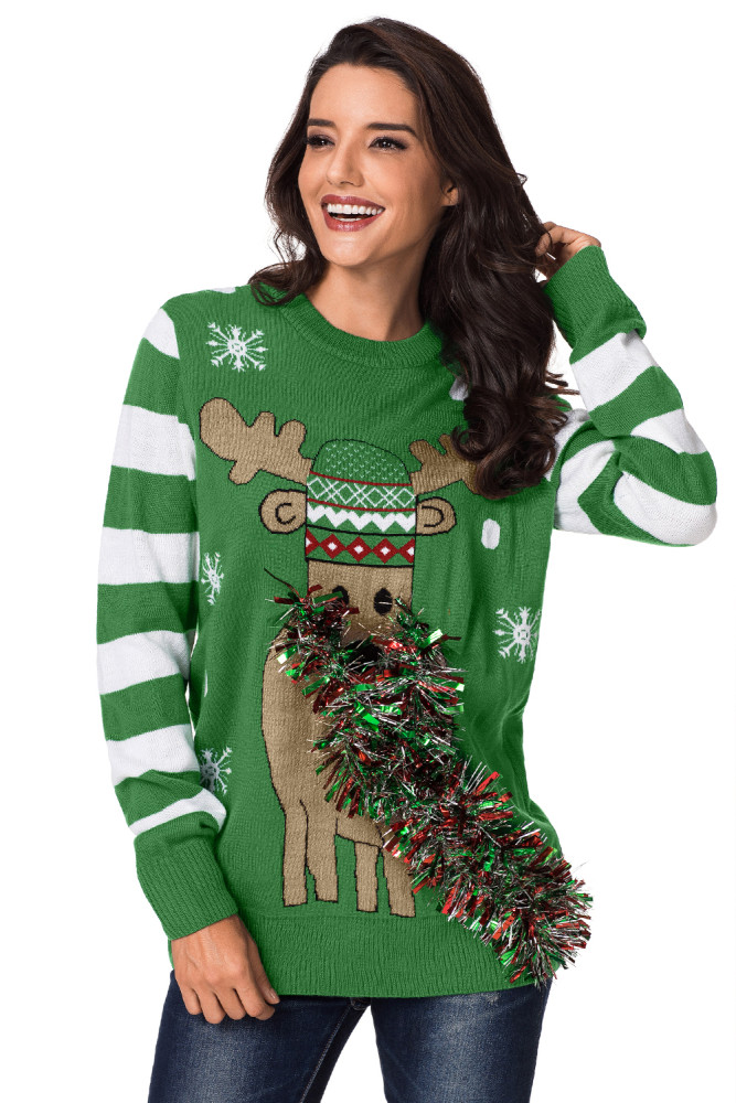 Green Festive Reindeer Holiday Sweater