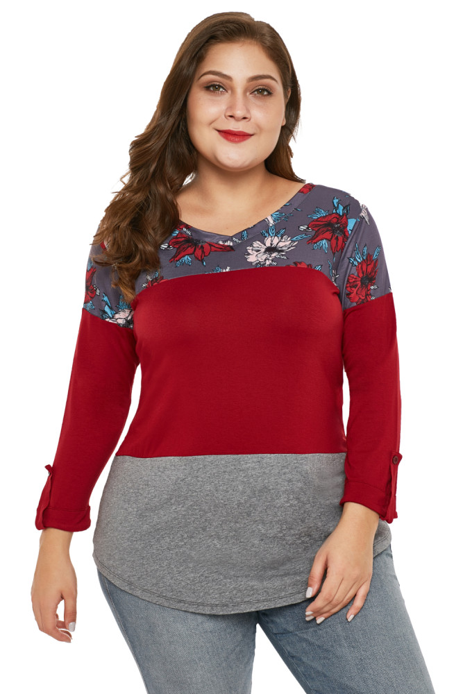 Burgundy Gray Colorblock Floral Plus Size Top